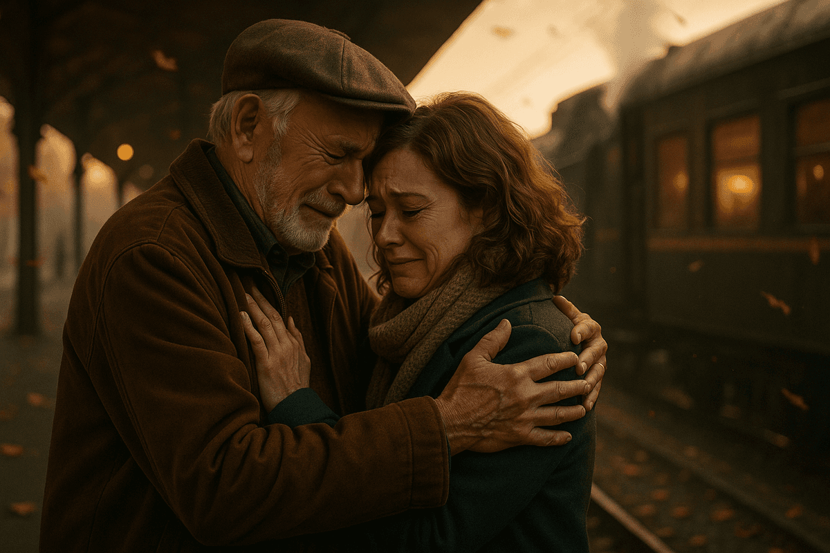 Couple crying on a train