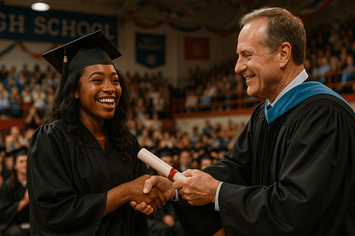 Student receiving diploma on stage