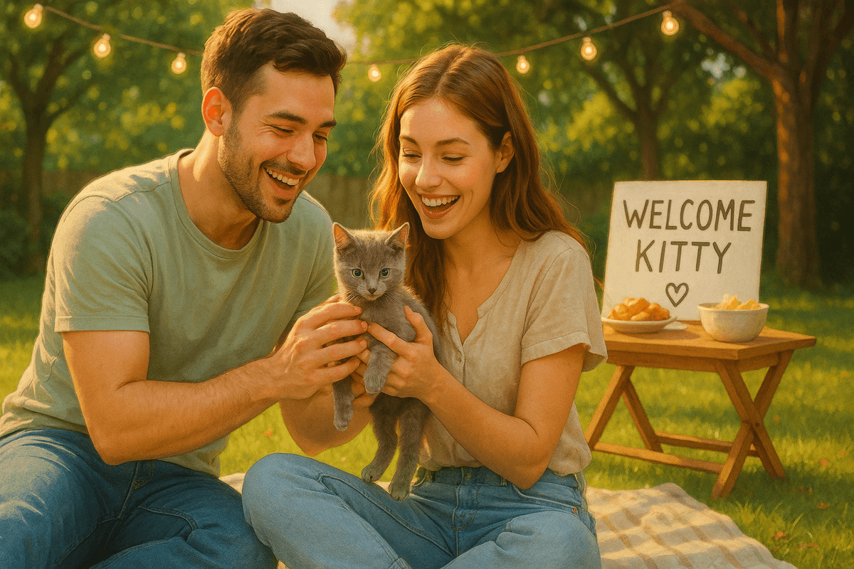 Cartoon family with a new cat exploring