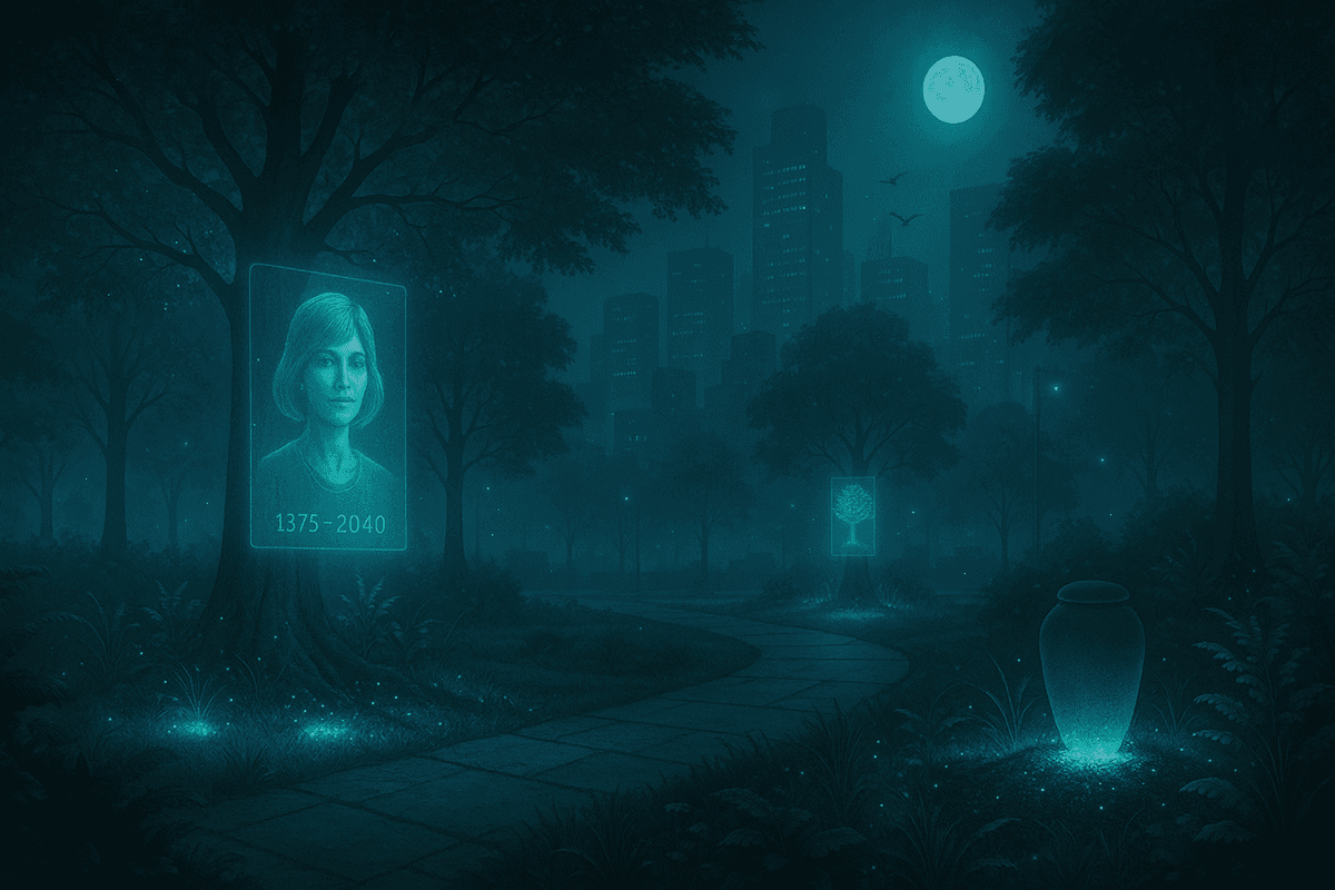 Futuristic cemetery with holograms